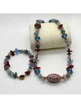Gretchen of La Jolla Necklace and Bracelet Floral Cloisonne Bead Natural Stone